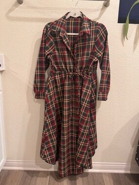 Plaid Shirt Dress with Tie Waist - Red/Green
